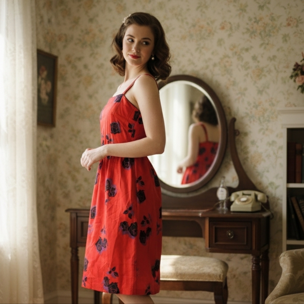 Vintage Lanz Original Dress 1960s Mid Mod Party Dress Red Floral Flower Rose